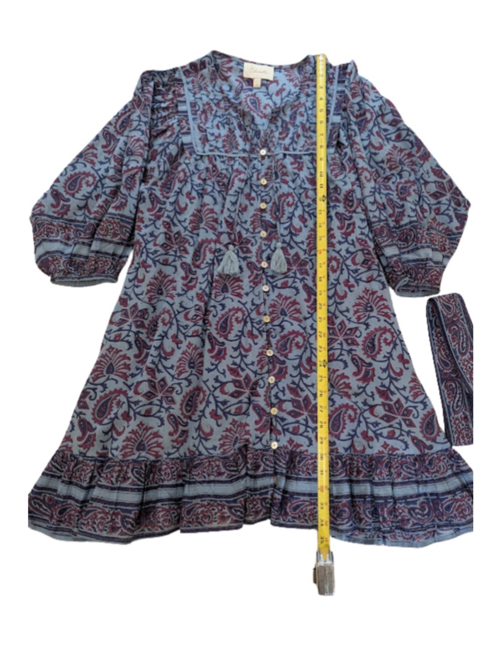 Cleobella Organic Cotton Paisley Boho Mini Dress M Blue Plum Belt Pockets - Picture 7 of 13